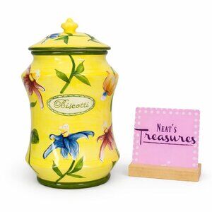 NONNI'S Hand Made Yellow Colorful Lotus Flower  Large Lidded Biscotti Cookie Jar